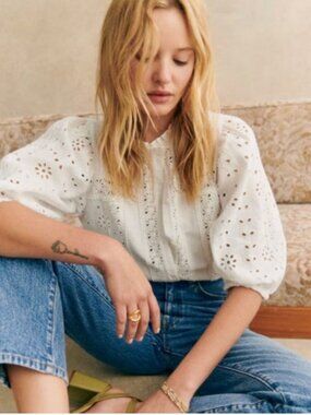 Sézane Athina White Eyelet Puff-Sleeve Top 38